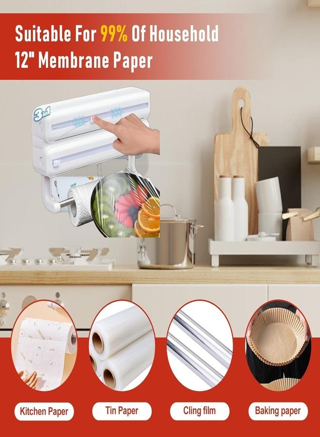 Tusmad 3-in-1 Aluminum Foil, Plastic Wrap & Wax Paper Dispenser with Cutter - Cling Film, Tin Foil & Roti Paper Organizer with Paper Towel Holder - Wall Mount Kitchen Wrap Holder White - Image 2